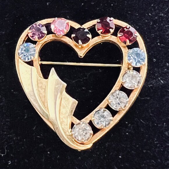 Vintage Catamore 1/20 12k Gold Filled Rhinestone Heart Brooch (5177) - Picture 1 of 5